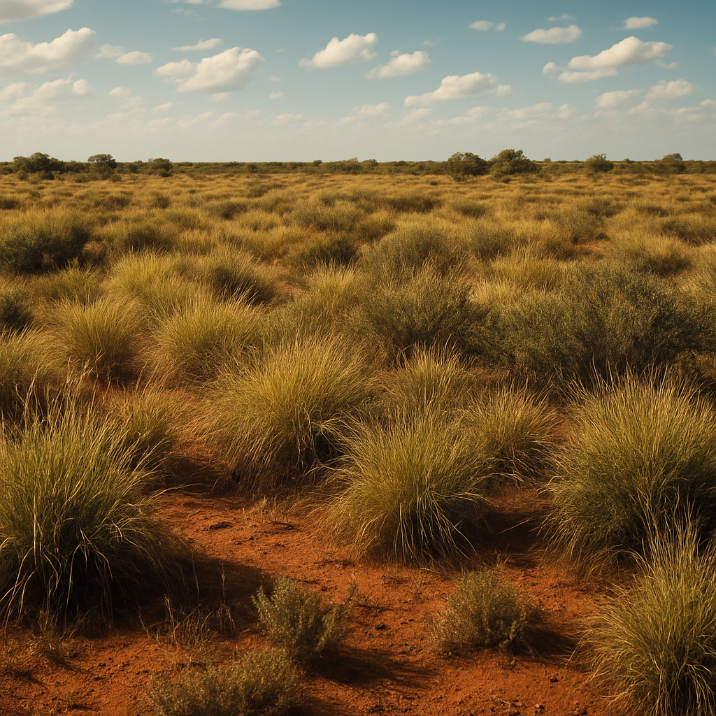 Dense invasive buffel grass spreading across a sun-baked red-dirt outback plain