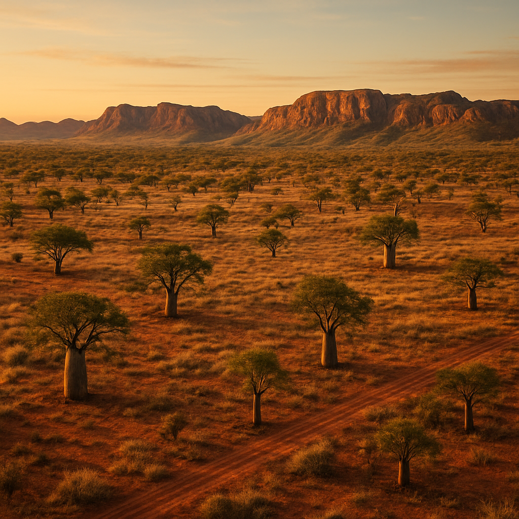 Aerial view of the rugged red-dirt savanna and sandstone ranges of the Kimberley region at golden hour