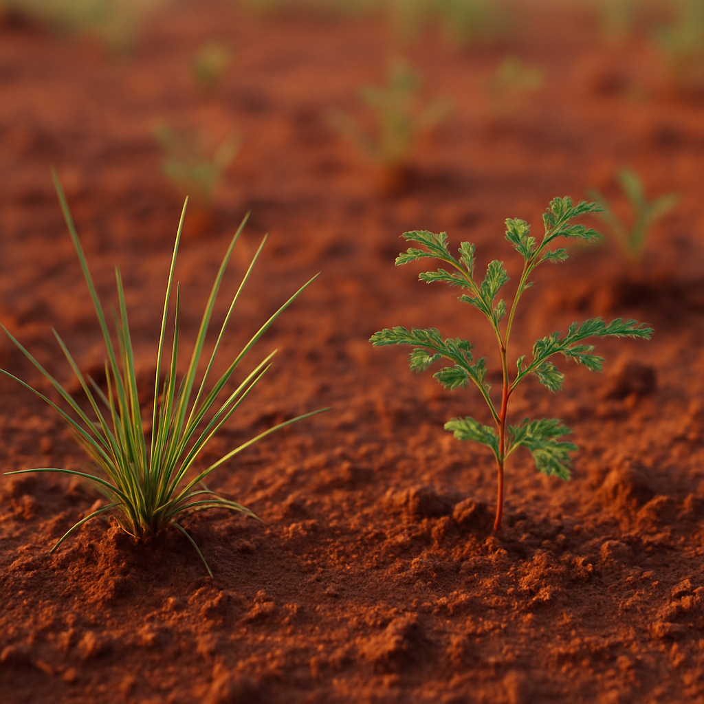 Native Australian seedlings regenerating in red outback soil